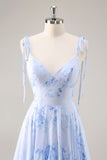 Blauwe chiffon bloemen een lijn lange bruidsmeisjesjurk met ruches