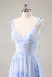 Blauwe chiffon bloemen een lijn lange bruidsmeisjesjurk met ruches