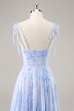 Blauwe chiffon bloemen een lijn lange bruidsmeisjesjurk met ruches