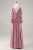 Eenvoudige Dusty Rose Lange Mouwen V-Hals Bruidsmeisjesjurk met Split