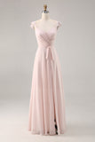 Candy Pink Cap mouwen gerimpeld lange bruidsmeisjesjurk met sjerp