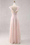 Candy Pink Cap mouwen gerimpeld lange bruidsmeisjesjurk met sjerp