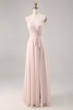 Candy Pink Cap mouwen gerimpeld lange bruidsmeisjesjurk met sjerp