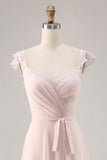 Candy Pink Cap mouwen gerimpeld lange bruidsmeisjesjurk met sjerp