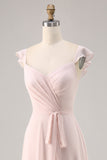 Candy Pink Cap mouwen gerimpeld lange bruidsmeisjesjurk met sjerp
