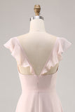 Candy Pink Cap mouwen gerimpeld lange bruidsmeisjesjurk met sjerp