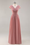 Stoffige Roos V-Hals Gerimpelde Chiffon Lange Bruidsmeisjesjurk met Drapering