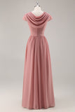 Stoffige Roos V-Hals Gerimpelde Chiffon Lange Bruidsmeisjesjurk met Drapering