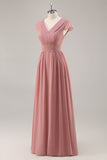 Stoffige Roos V-Hals Gerimpelde Chiffon Lange Bruidsmeisjesjurk met Drapering