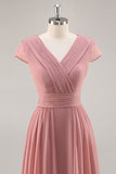 Stoffige Roos V-Hals Gerimpelde Chiffon Lange Bruidsmeisjesjurk met Drapering