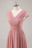 Stoffige Roos V-Hals Gerimpelde Chiffon Lange Bruidsmeisjesjurk met Drapering