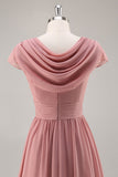 Stoffige Roos V-Hals Gerimpelde Chiffon Lange Bruidsmeisjesjurk met Drapering