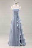 Stoffige blauwe chiffon A Line lange bruidsmeisjesjurk met ruches
