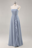 Stoffige blauwe chiffon A Line lange bruidsmeisjesjurk met ruches