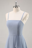 Stoffige blauwe chiffon A Line lange bruidsmeisjesjurk met ruches