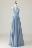 Stoffige blauwe halter chiffon ruches lange bruidsmeisjesjurk met sleutelgaten