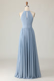 Stoffige blauwe halter chiffon ruches lange bruidsmeisjesjurk met sleutelgaten
