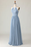 Stoffige blauwe halter chiffon ruches lange bruidsmeisjesjurk met sleutelgaten