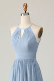 Stoffige blauwe halter chiffon ruches lange bruidsmeisjesjurk met sleutelgaten