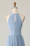 Stoffige blauwe halter chiffon ruches lange bruidsmeisjesjurk met sleutelgaten