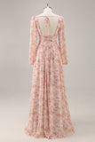 Roze bloemenjurk met V-hals en lange mouwen Chiffon bruidsmeisjesjurk met split