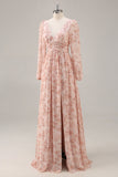 Roze bloemenjurk met V-hals en lange mouwen Chiffon bruidsmeisjesjurk met split