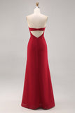 Donkerrode geruches chiffon spaghettibandjes lange bruidsmeisjesjurk met spleet
