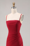 Donkerrode geruches chiffon spaghettibandjes lange bruidsmeisjesjurk met spleet