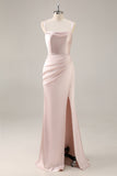 Candy Pink satijnen zeemeermin Ruched lange bruidsmeisje jurk met split