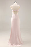 Candy Pink satijnen zeemeermin Ruched lange bruidsmeisje jurk met split