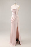 Candy Pink satijnen zeemeermin Ruched lange bruidsmeisje jurk met split