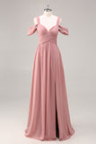 Stoffige Rose Cold Shoulder Chiffon Ruched Lange Bruidsmeisje Jurk met Split