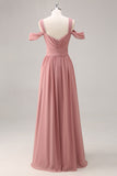 Stoffige Rose Cold Shoulder Chiffon Ruched Lange Bruidsmeisje Jurk met Split