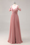 Stoffige Rose Cold Shoulder Chiffon Ruched Lange Bruidsmeisje Jurk met Split