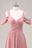 Stoffige Rose Cold Shoulder Chiffon Ruched Lange Bruidsmeisje Jurk met Split