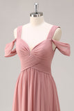 Stoffige Rose Cold Shoulder Chiffon Ruched Lange Bruidsmeisje Jurk met Split