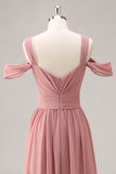 Stoffige Rose Cold Shoulder Chiffon Ruched Lange Bruidsmeisje Jurk met Split