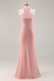 Blush Halter Zeemeermin Chiffon Lange Bruidsmeisje Jurk met Strik