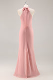Blush Halter Zeemeermin Chiffon Lange Bruidsmeisje Jurk met Strik
