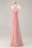 Blush Halter Zeemeermin Chiffon Lange Bruidsmeisje Jurk met Strik