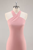 Blush Halter Zeemeermin Chiffon Lange Bruidsmeisje Jurk met Strik