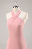 Blush Halter Zeemeermin Chiffon Lange Bruidsmeisje Jurk met Strik