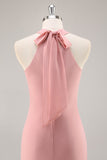 Blush Halter Zeemeermin Chiffon Lange Bruidsmeisje Jurk met Strik