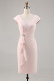 Candy Pink V-hals Bodycon Midi moeder van bruid jurk met ruches