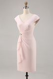 Candy Pink V-hals Bodycon Midi moeder van bruid jurk met ruches