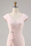 Candy Pink V-hals Bodycon Midi moeder van bruid jurk met ruches