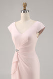 Candy Pink V-hals Bodycon Midi moeder van bruid jurk met ruches