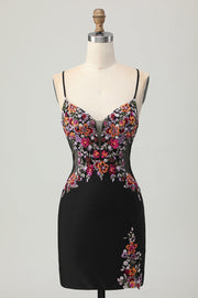 Zwarte Bodycon Bloem Spaghettibandjes Mini Homecoming Jurk