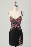 Zwarte Bodycon Bloem Spaghettibandjes Mini Homecoming Jurk