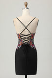 Zwarte Bodycon Bloem Spaghettibandjes Mini Homecoming Jurk